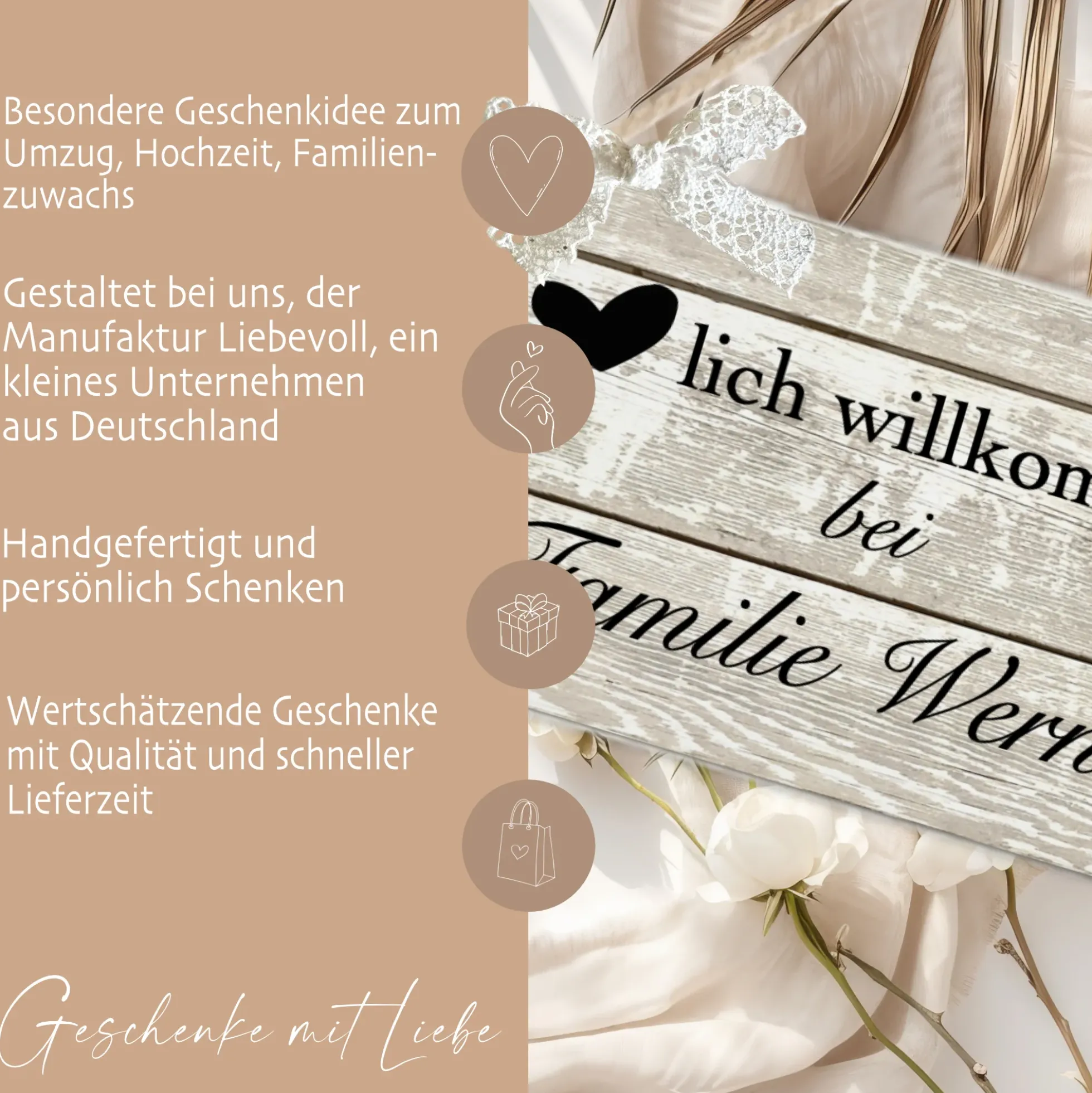 Türschild Familie personalisiertes Türschild "Herzlich Willkommen bei Familie" | Handgefertigtes Haustürschild aus Holz | 2 Größen zur Auswahl