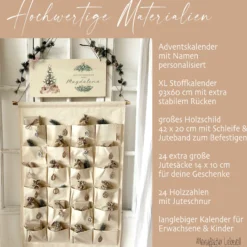 Vintage Adventskalender mit Namen personalisiert XL boho Stoff Adventskalender zum Befüllen Kalender Geschenk Frauen Männer Kinder Familie