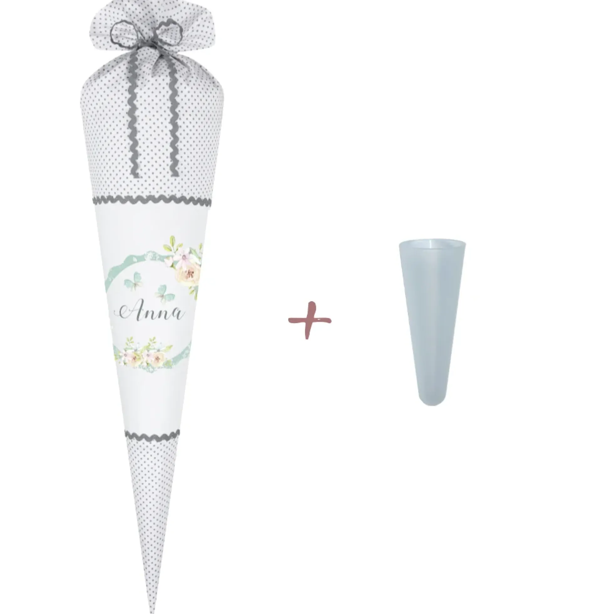 Weiße Schultüte mit grauen Punkten "Floral" | Stoffschultüte für Mädchen mit Namen | Optional mit Füllkissen und Spitzenschutz