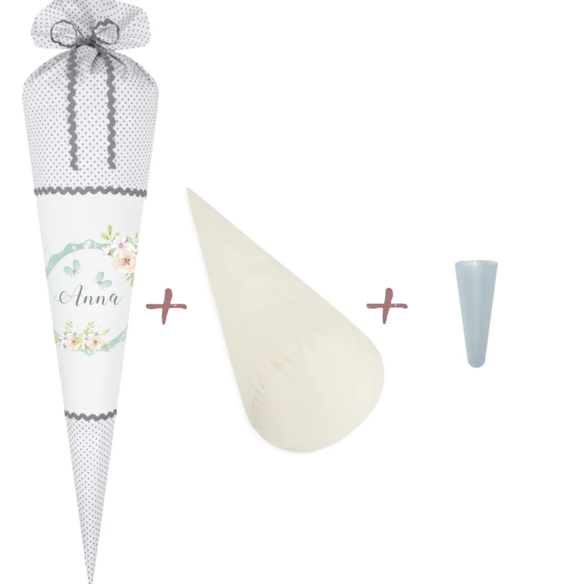 Weiße Schultüte mit grauen Punkten "Floral" | Stoffschultüte für Mädchen mit Namen | Optional mit Füllkissen und Spitzenschutz