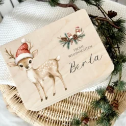 Weihnachten Holzbox Personalisiert Reh Holzbox Geschenk Frohe Weihnachten Personalisierte Heiligabend Box für Kinder Rehkitz Weihnachtsbox