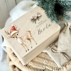 Weihnachten Holzbox Personalisiert Reh Holzbox Geschenk Frohe Weihnachten Personalisierte Heiligabend Box für Kinder Rehkitz Weihnachtsbox
