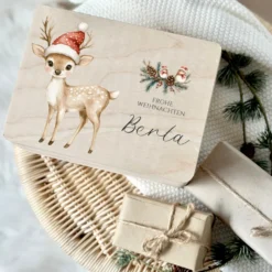 Weihnachten Holzbox Personalisiert Reh Holzbox Geschenk Frohe Weihnachten Personalisierte Heiligabend Box für Kinder Rehkitz Weihnachtsbox