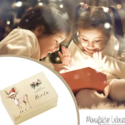 Weihnachten Holzbox Personalisiert Reh Holzbox Geschenk Frohe Weihnachten Personalisierte Heiligabend Box für Kinder Rehkitz Weihnachtsbox