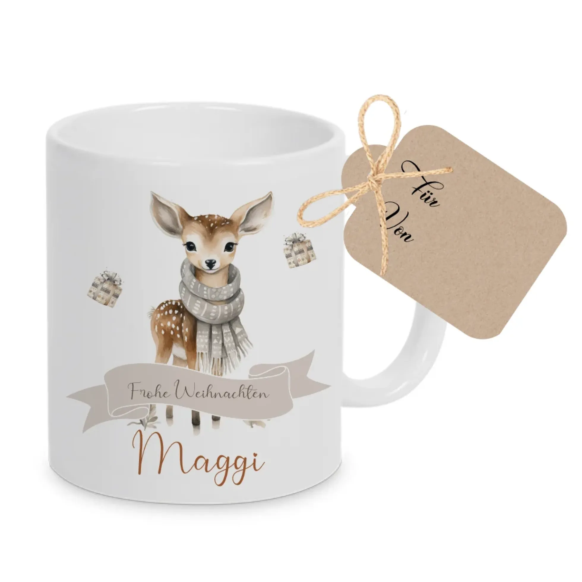 Weihnachtliche Tasse für Kinder, Tasse aus Keramik "Frohe Weihnachten" mit Rehkitz und Namen
