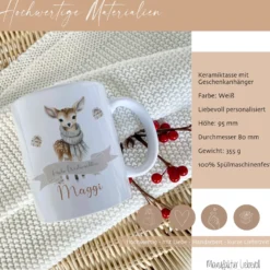 Weihnachtliche Tasse für Kinder, Tasse aus Keramik "Frohe Weihnachten" mit Rehkitz und Namen