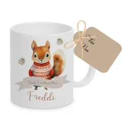 Weihnachtliche Tasse für Kinder, Tasse aus Keramik "Frohe Weihnachten" mit Eichhörnchen und Namen