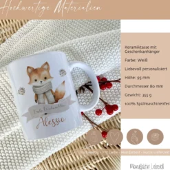 Weihnachtliche Tasse für Kinder, Tasse aus Keramik "Frohe Weihnachten" mit Fuchs und Namen