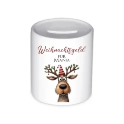 Weihnachtsgeld Spardose mit Rentier und dem Namen personalisiert
