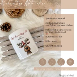 Weihnachtsgeld Spardose mit Rentier und dem Namen personalisiert