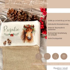 Weihnachtsstrumpf Pferd für Mädchen u. Teenager mit Namen zum Nikolaus und Weihnachten personalisiert | Nikolausstrumpf Pony Geschenkidee für Kinder I 7 Motivvarianten zur Auswahl