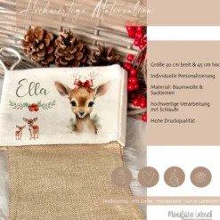 Weihnachtsstrumpf Rehkitz für Mädchen u. Teenager mit Namen zum Nikolaus und Weihnachten personalisiertert | Nikolausstrumpf Geschenkidee für Kinder I 7 Motivvarianten zur Auswahl