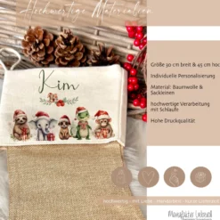 Weihnachtsstrumpf Tiere für Mädchen u. Jungen mit Namen zum Nikolaus und Weihnachten | Personalisierter Nikolausstrumpf Geschenkidee für Kinder I 7 Motivvarianten zur Auswahl