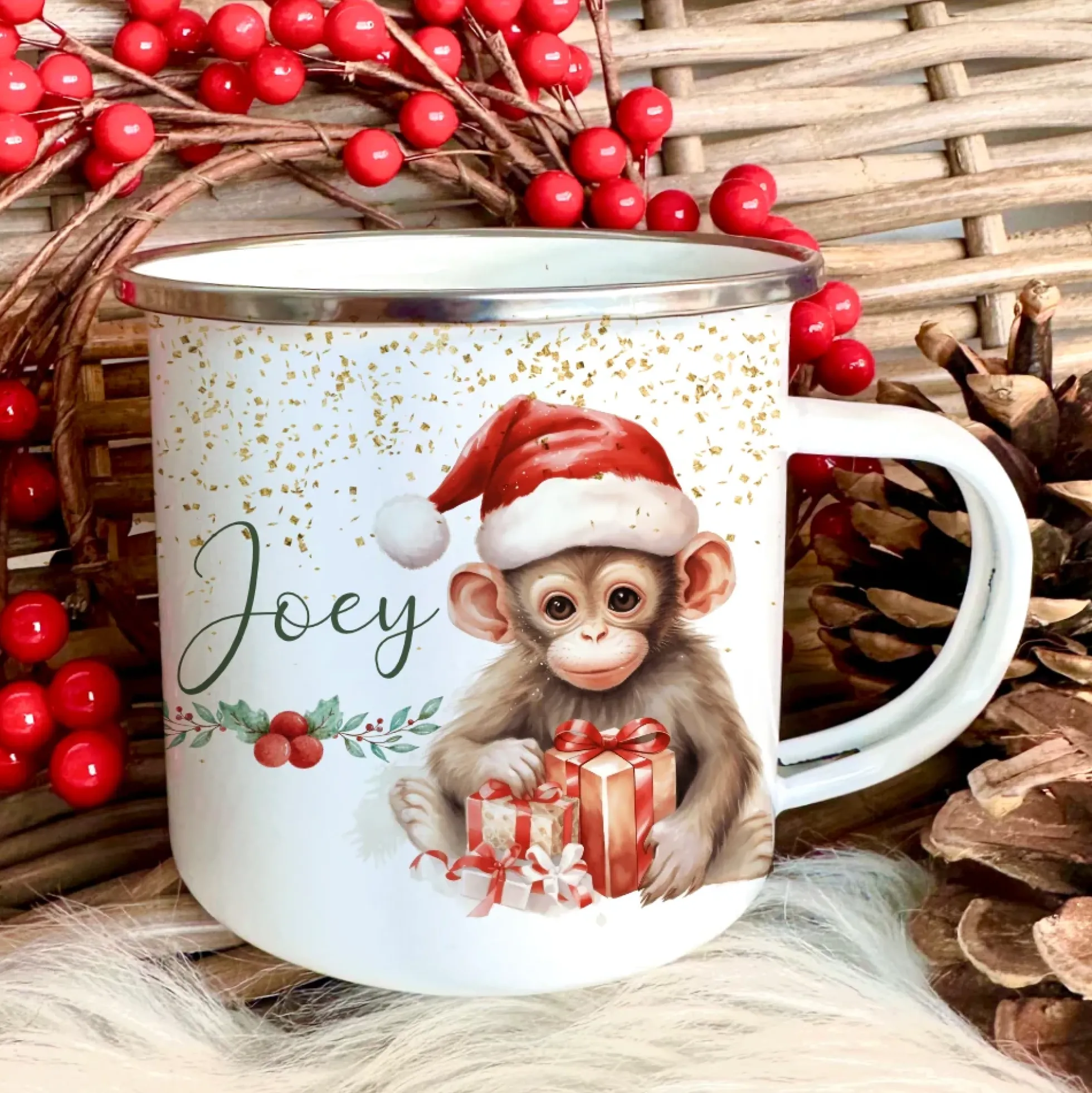 Weihnachtstasse "Affe" für Kinder | Tasse mit Namen personalisiert | Kinderbecher aus Emaille mit Weihnachtsmotiv | Weihnachtsgeschenk Nikolaus für Mädchen Jungen Teenager | 7 Produktvarianten zur Auswahl