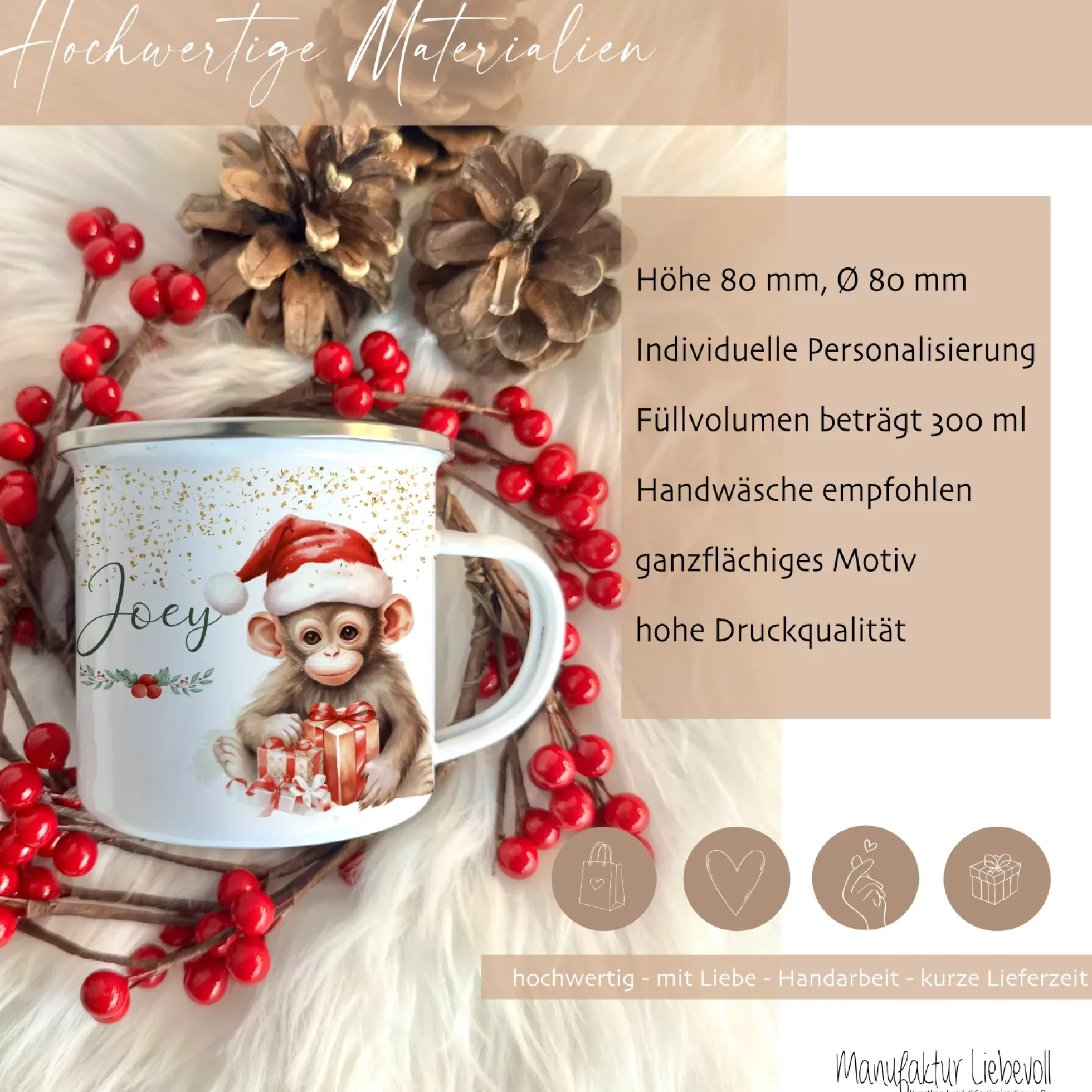 Weihnachtstasse "Affe" für Kinder | Tasse mit Namen personalisiert | Kinderbecher aus Emaille mit Weihnachtsmotiv | Weihnachtsgeschenk Nikolaus für Mädchen Jungen Teenager | 7 Produktvarianten zur Auswahl