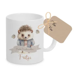 Weihnachtstasse für Kinder, Tasse aus Keramik "Frohe Weihnachten" mit Igel und Namen