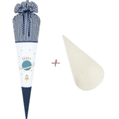 Weltall Schultüte für Jungen | Stoffschultüte zur Einschulung in Blau | Personalisiert mit dem Namen | Optional mit Füllkissen und Spitzenschutz