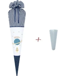 Weltall Schultüte für Jungen | Stoffschultüte zur Einschulung in Blau | Personalisiert mit dem Namen | Optional mit Füllkissen und Spitzenschutz
