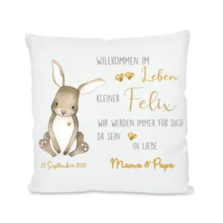 Willkommen im Leben | Persönliches Geschenk mit Widmung zur Geburt | Verschenke ein personalisiertes Babykissen mit Namen des Neugeborenen und dem Geburtsdatum | 4 Varianten zur Auswahl