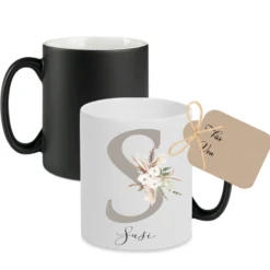 Zaubertasse Magic | Personalisierte Tasse mit Farbwechsel | Geschenk mit Namen u. Buchstaben | Kaffeetasse mit Monogramm für Sie